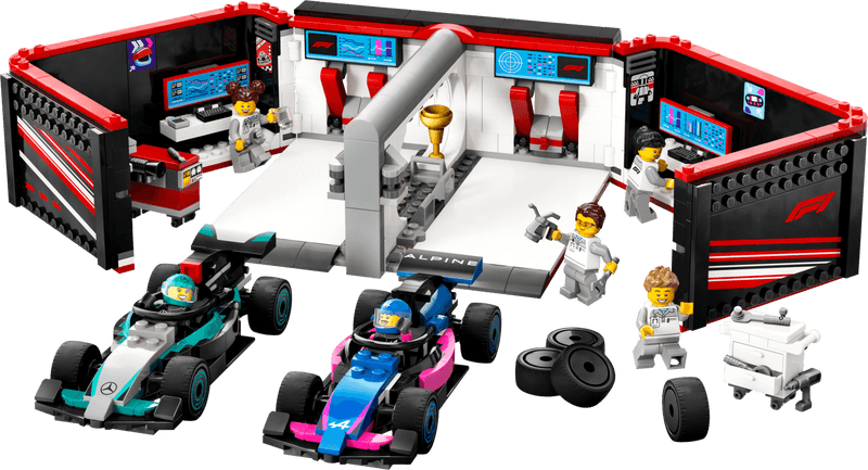 Productfoto LEGO F1® garage met Mercedes-AMG en Alpine auto's (60444)