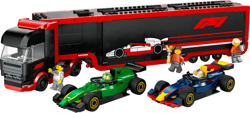 Productfoto LEGO F1® truck met RB20 en AMR24 F1® auto's (60445)