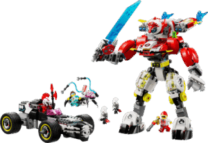Productfoto LEGO Coopers tijgermecha en Zero's hot rod auto (71497)