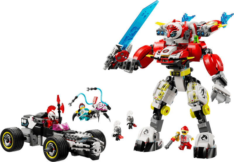Productfoto LEGO Coopers tijgermecha en Zero's hot rod auto (71497)